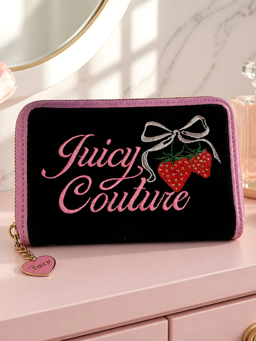 Juicy Couture Black & Pink Embroidered Zip Around Wallet